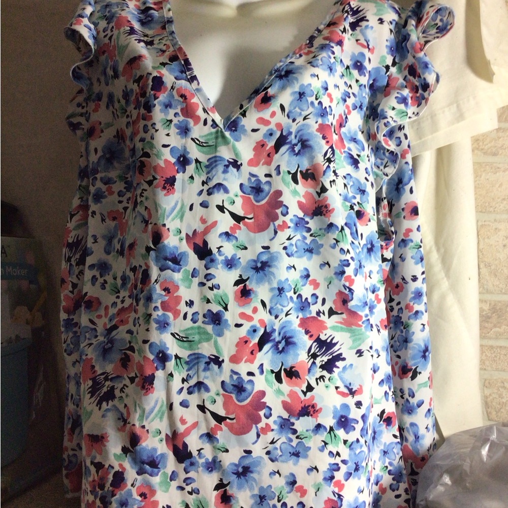 Floral V-Neck Ruffle Sleeve Blouse in White with Blue & Pink Print